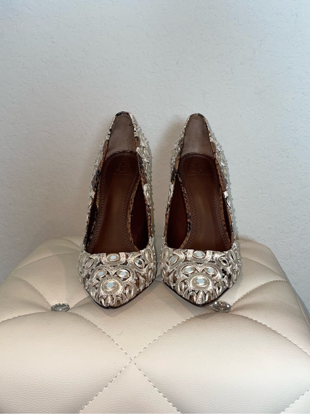 Tory Burch Silver Metallic Embellished Pointed-Toe Heels